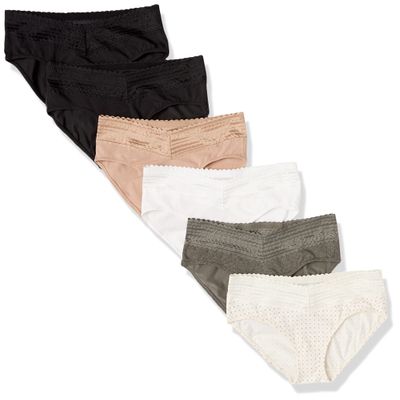 Warners Blissful Benefits Women's Dig-Free Comfort Waist with Lace Cotton Hipster Panties 6-Pack, Toasted Almond/Black/White/Bodytone Polda Dot/Stone Crystal Web/Black, 2XL