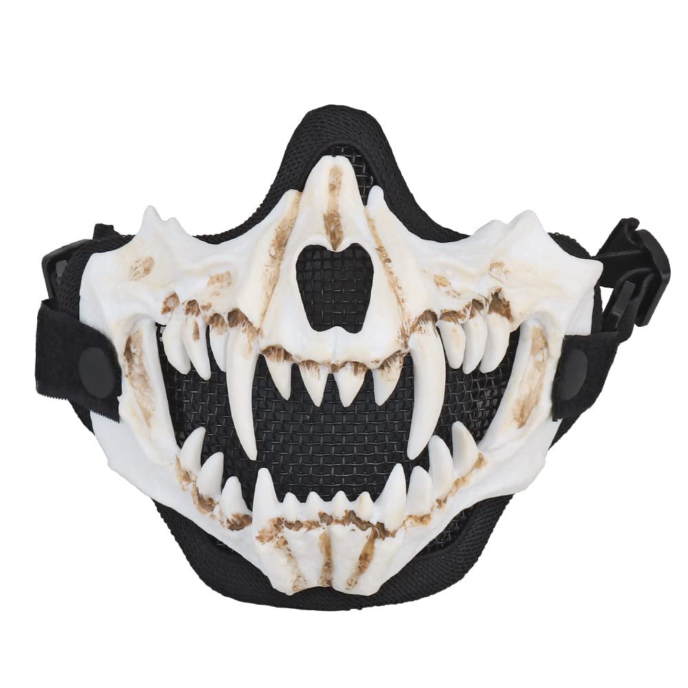 Tactical Half Face Fangs Mask Airsoft Mesh Mask Halloween Mask Skull Mask for CS Hunting Paintball Shooting Cosplay