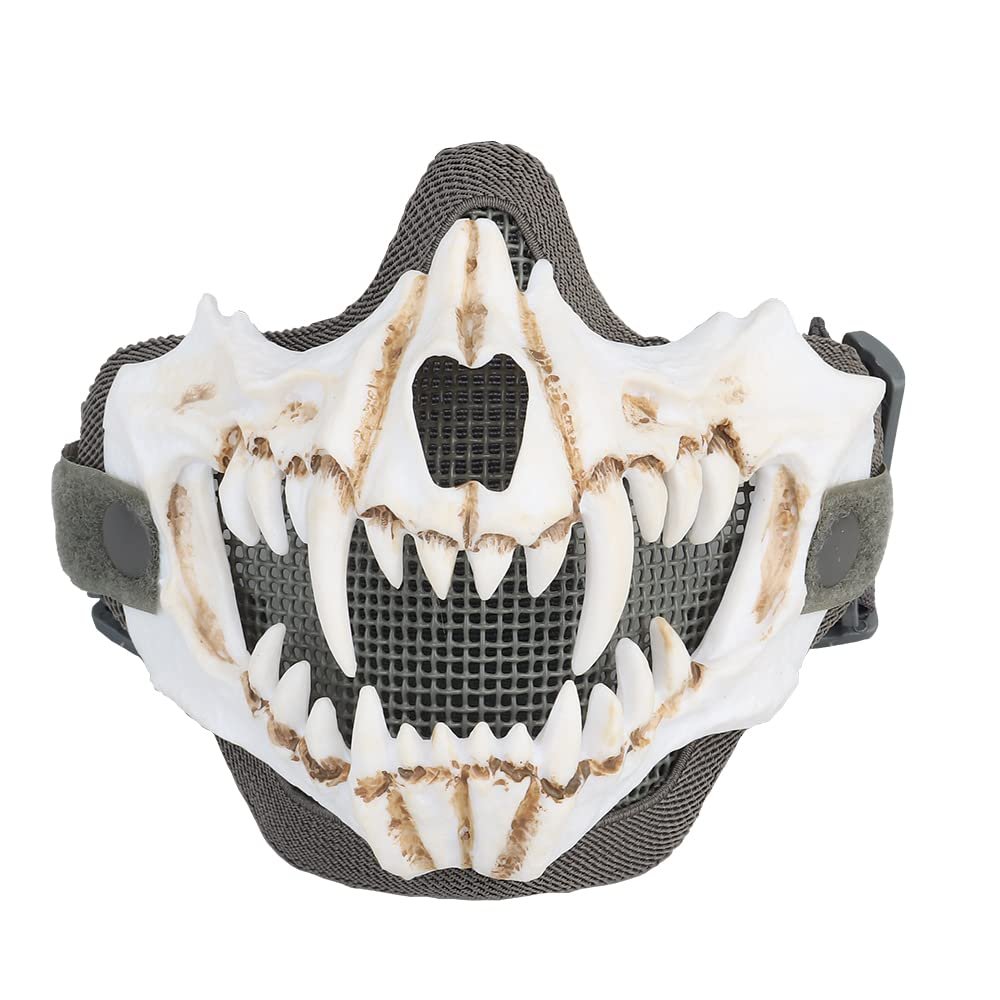 Tactical Half Face Fangs Mask Airsoft Mesh Mask Halloween Mask Skull Mask for CS Hunting Paintball Shooting Cosplay