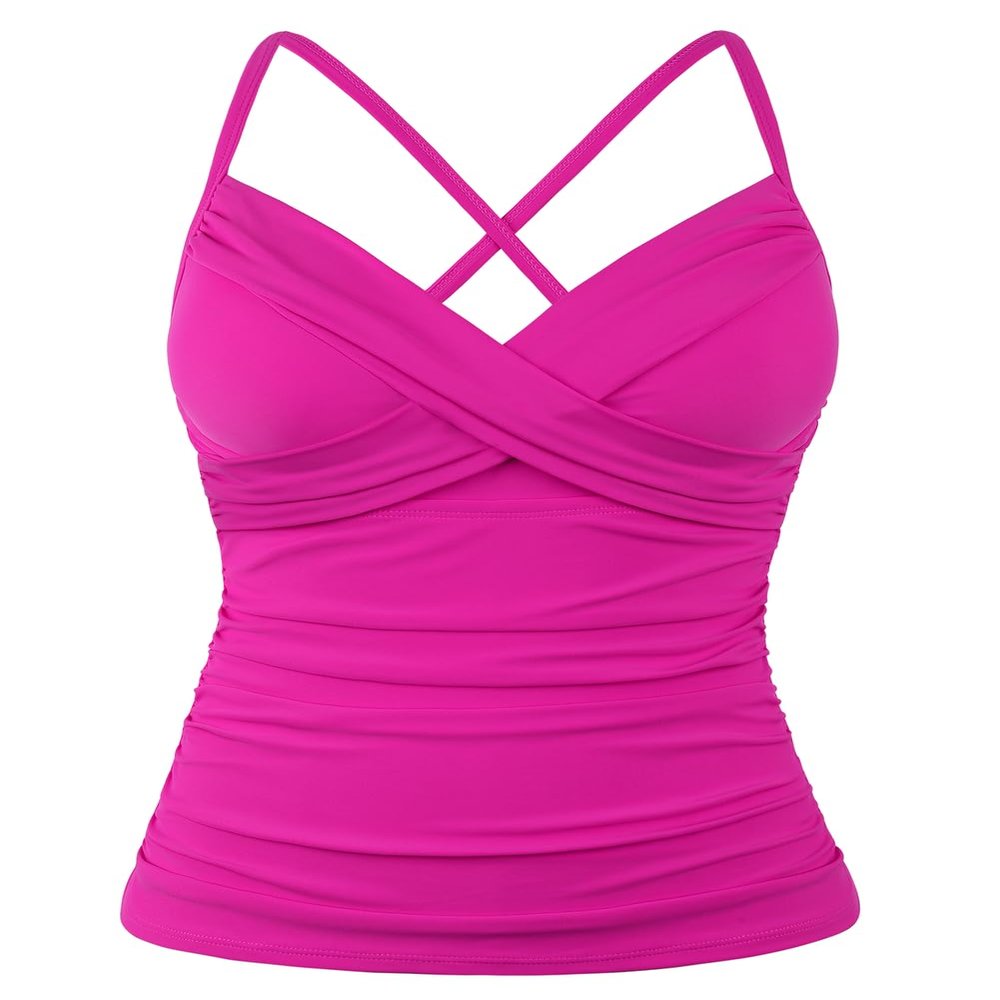 coastal rose Womens Tankini Top Twist V Neck Swim Top Ruched Tummy Control Swimsuit Tops US14 Hot Pink