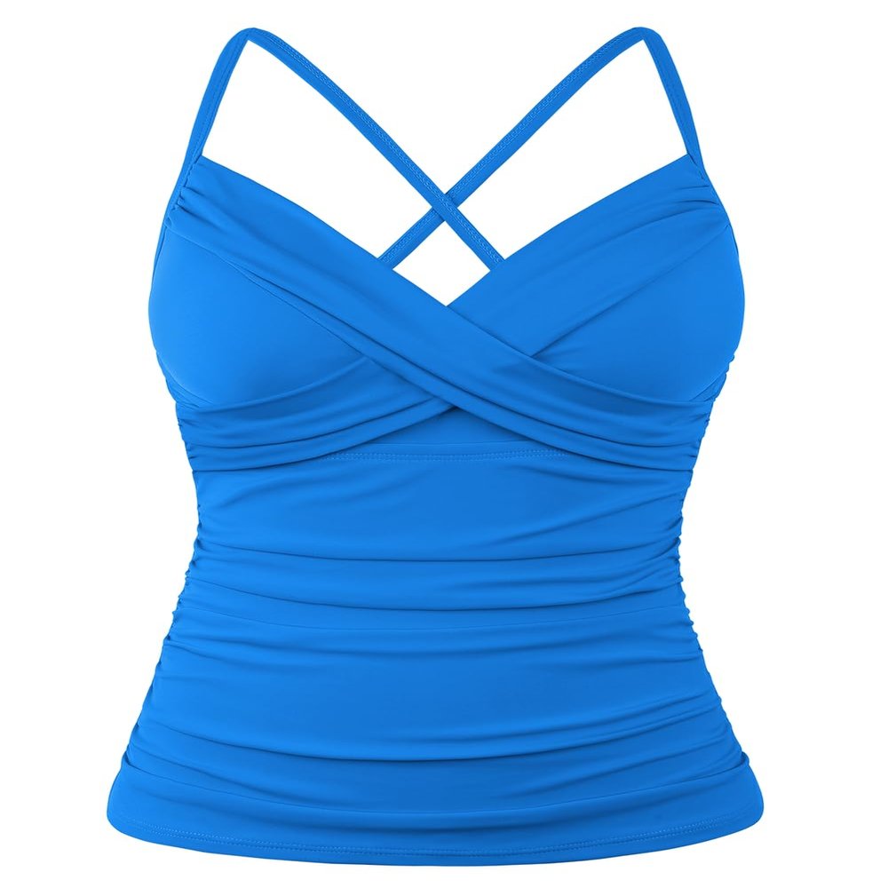 coastal rose Womens Tankini Top Twist V Neck Swim Top Ruched Tummy Control Swimsuit Tops US16 Brilliant Blue