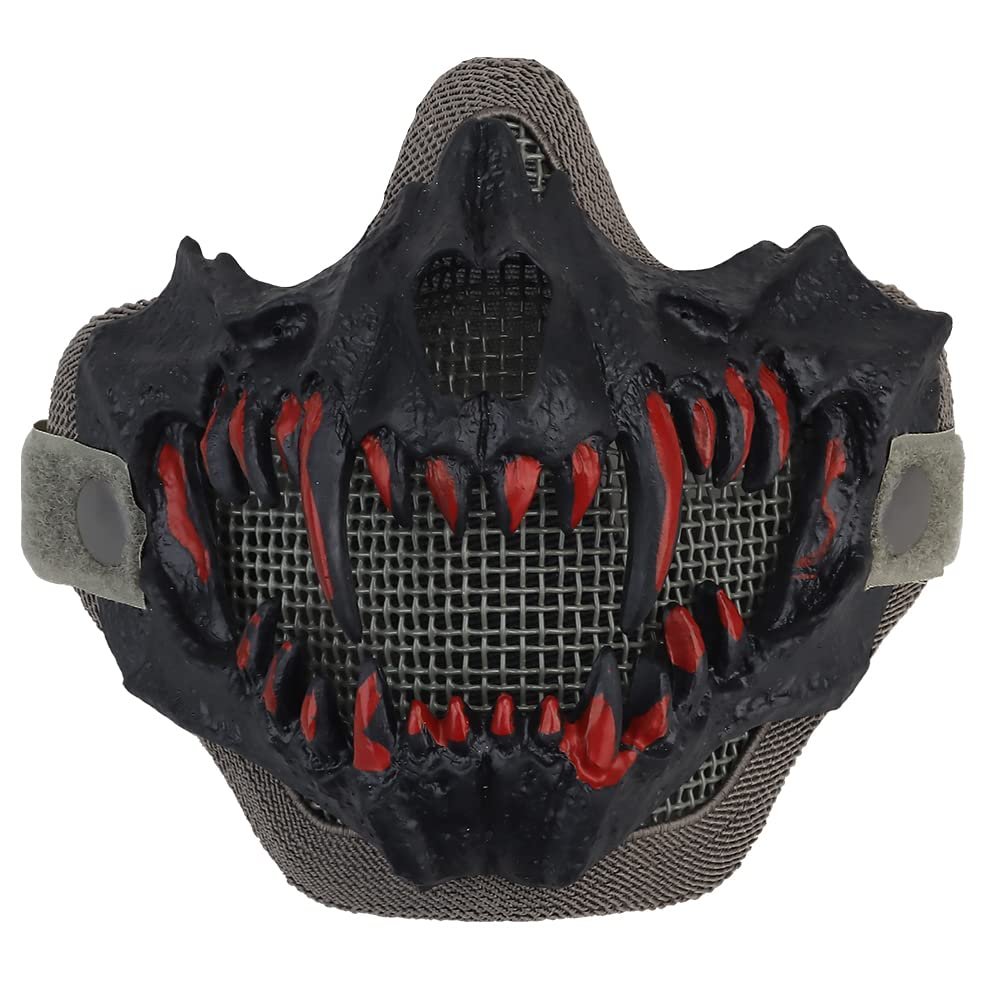 Tactical Half Face Fangs Mask Airsoft Mesh Mask Halloween Mask Skull Mask for CS Hunting Paintball Shooting Cosplay
