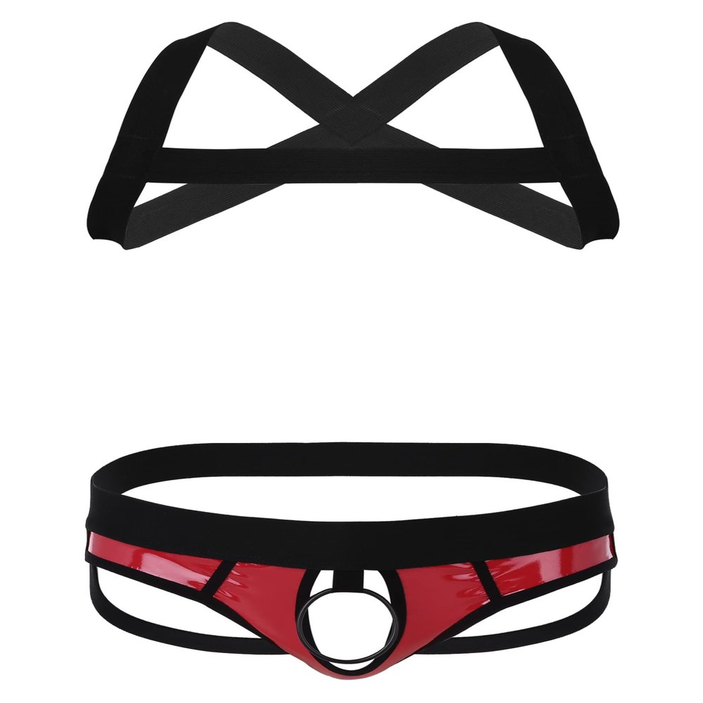 Manyakai Men's X-Shape Harness Belt Vest with Jock Straps Butt-Flaunting Thongs Gay Party Clubwear Red Medium
