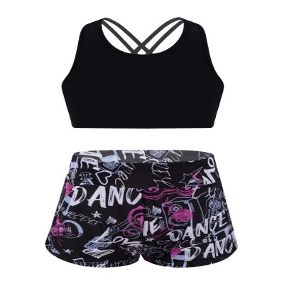 Hedmy Girls Gymnastics/Dance/Sport Two Piece Outfit Kid Racer Back Crop Top with Booty Shorts Tankini Swimsuit Black Rose 14 Years