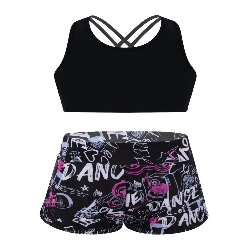 Hedmy Girls Gymnastics/Dance/Sport Two Piece Outfit Kid Racer Back Crop Top with Booty Shorts Tankini Swimsuit Black Rose 14 Years