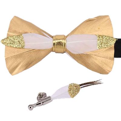 Galsawi Men's Pre-Tied Bow Tie Handmade Feathers Bowtie and Brooch Set