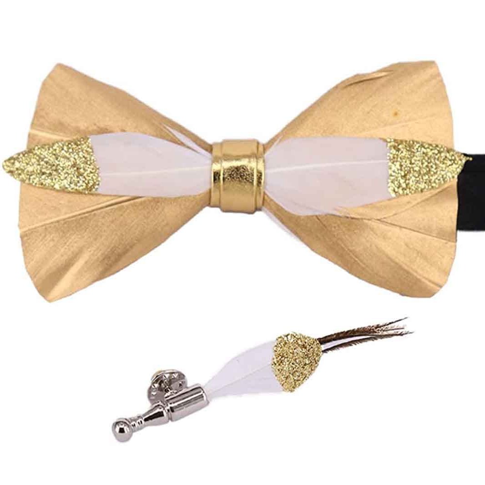 Galsawi Men's Pre-Tied Bow Tie Handmade Feathers Bowtie and Brooch Set