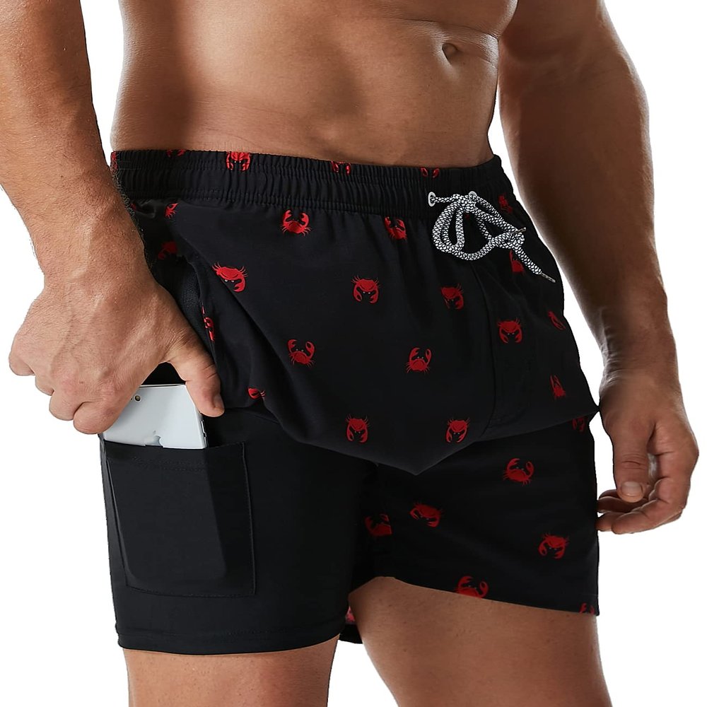 SILKWORLD Mens Swimming Trunks with Compression Liner Quick Dry 5 inch Swim Shorts with Zipper Pockets,Crab,Medium