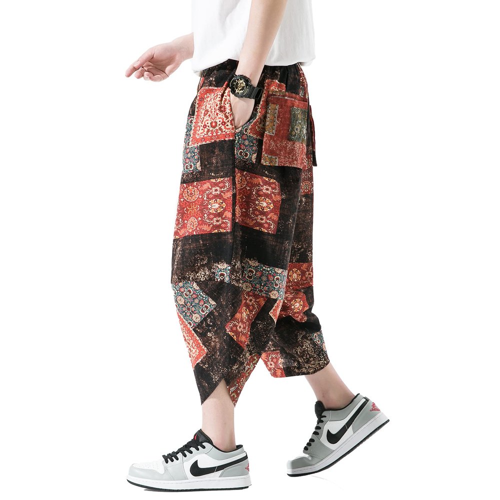 DOSLAVIDA Men's Casual Elastic Waist Linen Capri Pants Wide Leg Baggy Cotton Harem Yoga Trousers Loose Patchwork Shorts B-Brown