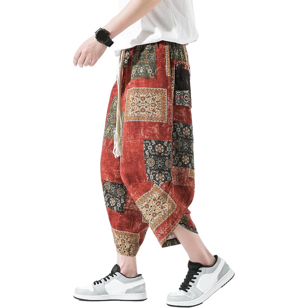 Mens Harem Pants Patchwork Baggy Capri Pants Elastic Waist Japanese Shorts
