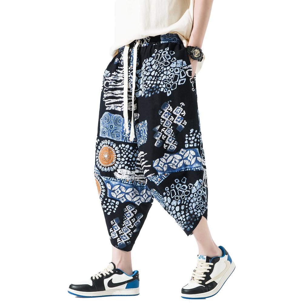 DOSLAVIDA Men's Casual Elastic Waist Linen Capri Pants Wide Leg Baggy Cotton Harem Yoga Trousers Loose Patchwork Shorts