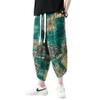 DOSLAVIDA Men's Casual Elastic Waist Linen Capri Pants Wide Leg Baggy Cotton Harem Yoga Trousers Loose Patchwork Shorts B-Green view 2