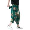 DOSLAVIDA Men's Casual Elastic Waist Linen Capri Pants Wide Leg Baggy Cotton Harem Yoga Trousers Loose Patchwork Shorts B-Green view 3