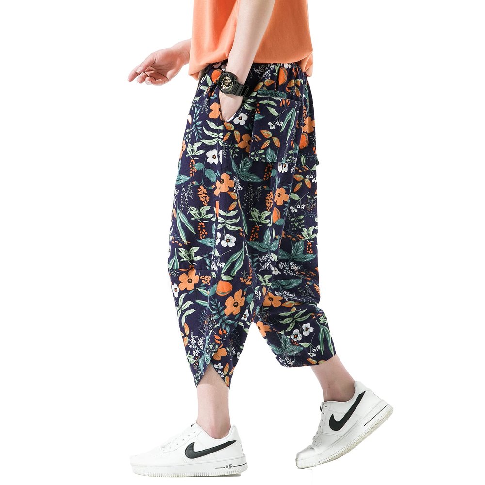 DOSLAVIDA Men's Casual Elastic Waist Linen Capri Pants Wide Leg Baggy Cotton Harem Yoga Trousers Loose Patchwork Shorts