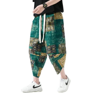 DOSLAVIDA Men's Casual Elastic Waist Linen Capri Pants Wide Leg Baggy Cotton Harem Yoga Trousers Loose Patchwork Shorts B-Green