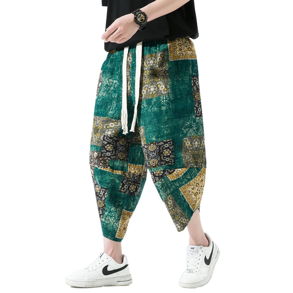 DOSLAVIDA Men's Casual Elastic Waist Linen Capri Pants Wide Leg Baggy Cotton Harem Yoga Trousers Loose Patchwork Shorts B-Green