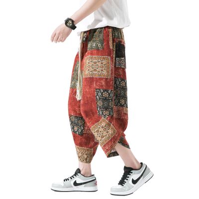 Mens Harem Pants Patchwork Baggy Capri Pants Elastic Waist Japanese Shorts