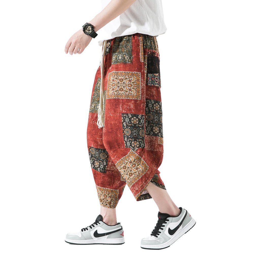 Mens Harem Pants Patchwork Baggy Capri Pants Elastic Waist Japanese Shorts