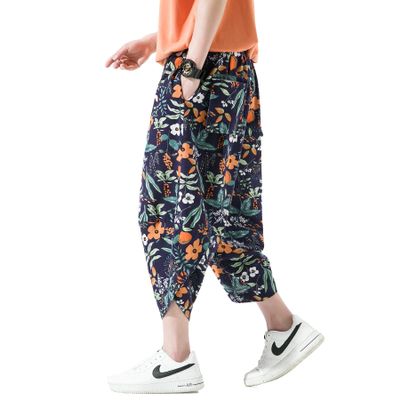 DOSLAVIDA Men's Casual Elastic Waist Linen Capri Pants Wide Leg Baggy Cotton Harem Yoga Trousers Loose Patchwork Shorts