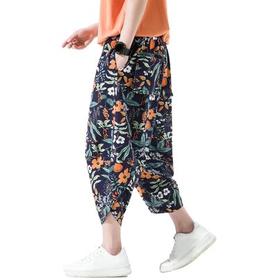 Mens Harem Pants Patchwork Baggy Capri Pants Elastic Waist Japanese Shorts