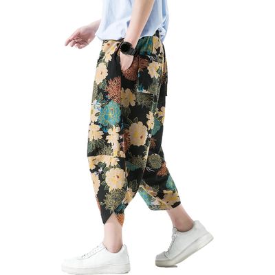Mens Harem Pants Patchwork Baggy Capri Pants Elastic Waist Japanese Shorts