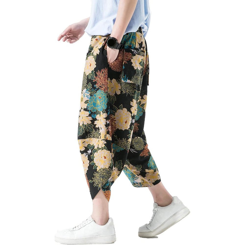 Mens Harem Pants Patchwork Baggy Capri Pants Elastic Waist Japanese Shorts
