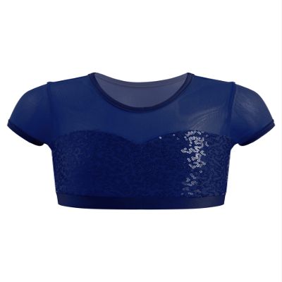Aislor Girls Sparkly Sequins Fitness Sports Crop Tops Cap Sleeves Keyhole Back Shirt Vest 09Dark Blue^^ 6 Years