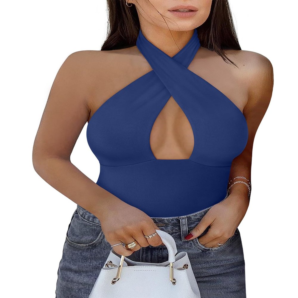 REORIA Women's Sexy Criss Cross Halter Neck Sleeveless Party Club Night Going Out Thong Bodysuits Tops Deep Blue X-Large