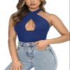 REORIA Women's Sexy Criss Cross Halter Neck Sleeveless Party Club Night Going Out Thong Bodysuits Tops Deep Blue X-Large view 2