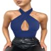 REORIA Women's Sexy Criss Cross Halter Neck Sleeveless Party Club Night Going Out Thong Bodysuits Tops Deep Blue X-Large view 3