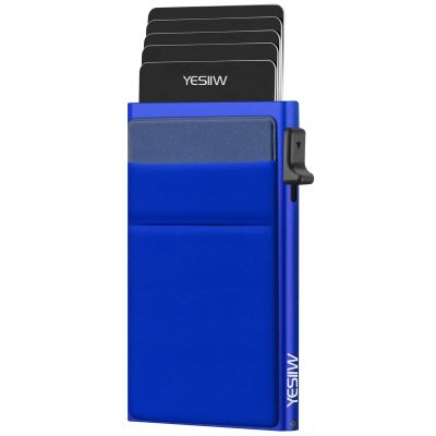 YESIIW Pop up Credit Card Holder RFID Blocking with Money Pocket Minimalist Business Card Wallet for Men Slim Aluminum Metal Bank Card Case for Cards and Notes and Coins Royal Blue