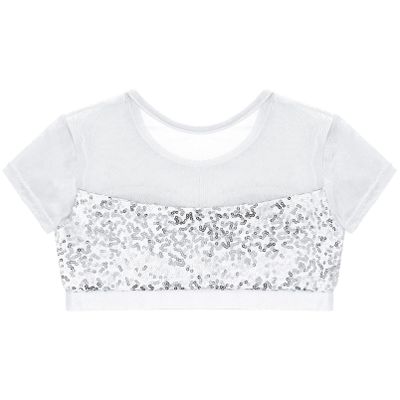 Aislor Girls Sparkly Sequins Fitness Sports Crop Tops Cap Sleeves Keyhole Back Shirt Vest 09White^^ 14 Years