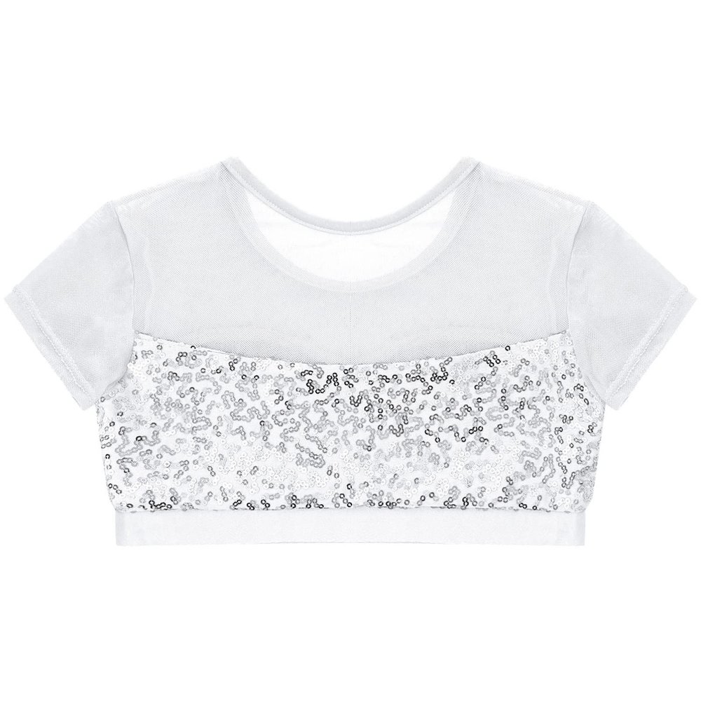 Aislor Girls Sparkly Sequins Fitness Sports Crop Tops Cap Sleeves Keyhole Back Shirt Vest 09White^^ 14 Years