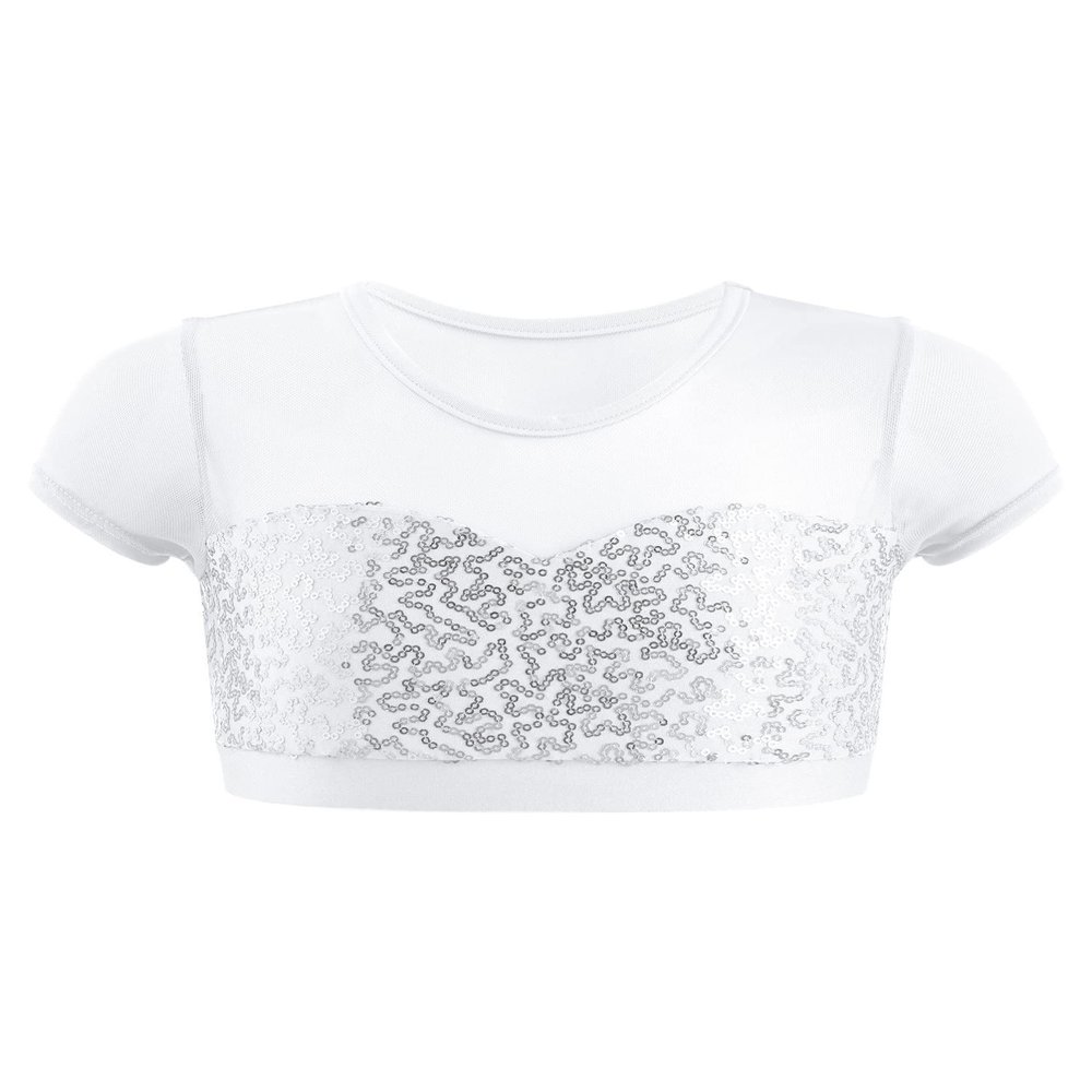 Aislor Girls Sequins Short Sleeves Crop Top Sports Athletic Dance Bra Tank Top Yoga Workout Gymnastic Shirts Dancewear White 14 Years