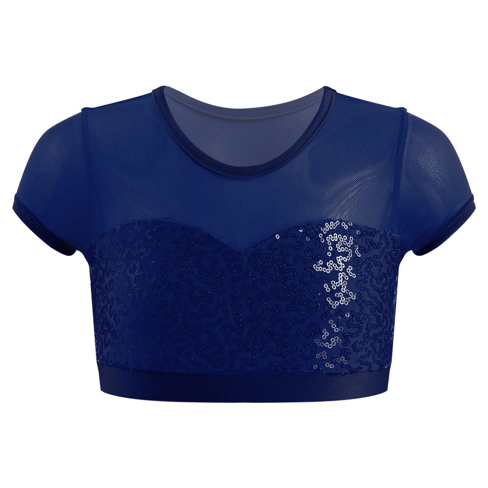 FEESHOW Kids Girls Sequins Metallic Crop Tank Tops Dancewear Athletic Sports Gymnastics Ballet Activewear Tee Shirt Dark Blue 6 Years