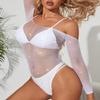 Abberrki Women Sexy Mesh Bodysuit Fishnet Sparkle Rhinestone Teddy Lingerie Halloween Rave Sheer Outfit (White) view 3