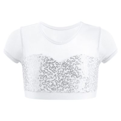 FEESHOW Kids Girls Sequins Metallic Crop Tank Tops Dancewear Athletic Sports Gymnastics Ballet Activewear Tee Shirt White 14 Years