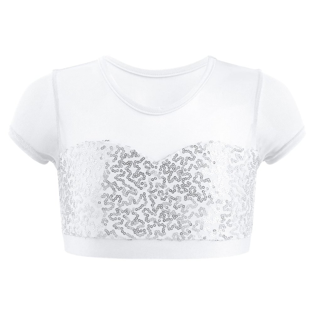 FEESHOW Kids Girls Sequins Metallic Crop Tank Tops Dancewear Athletic Sports Gymnastics Ballet Activewear Tee Shirt White 14 Years
