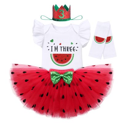 IBTOM CASTLE Toddlert Newborn Baby Little Girls One Years Old Birthday Party Outfits Watermelon Princess Romper Top + Tutu Skirt Toddler Princess Photo Shoot Fruit Theme Clothes Red - I'M THREE 3T