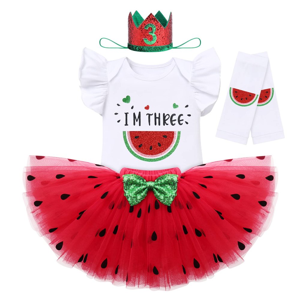 IBTOM CASTLE Toddlert Newborn Baby Little Girls One Years Old Birthday Party Outfits Watermelon Princess Romper Top + Tutu Skirt Toddler Princess Photo Shoot Fruit Theme Clothes Red - I'M THREE 3T
