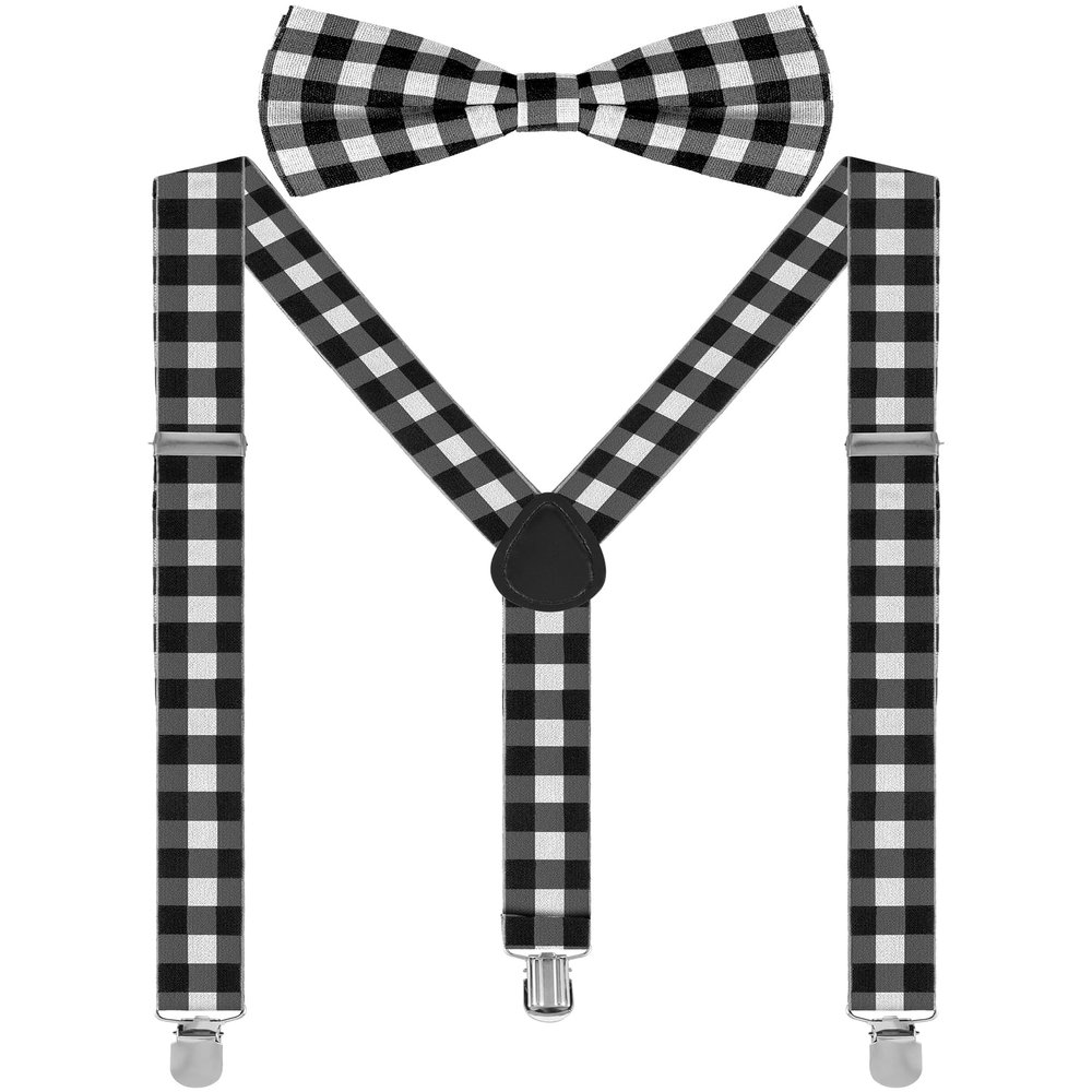 SATINIOR Suspender Bow Tie Set Clip On Y Shape Adjustable Braces, 80s Suspenders Shoulder Strap for Men Women Halloween Cosplay Party(Red and White Plaid), 4.3 x 2.3 inches