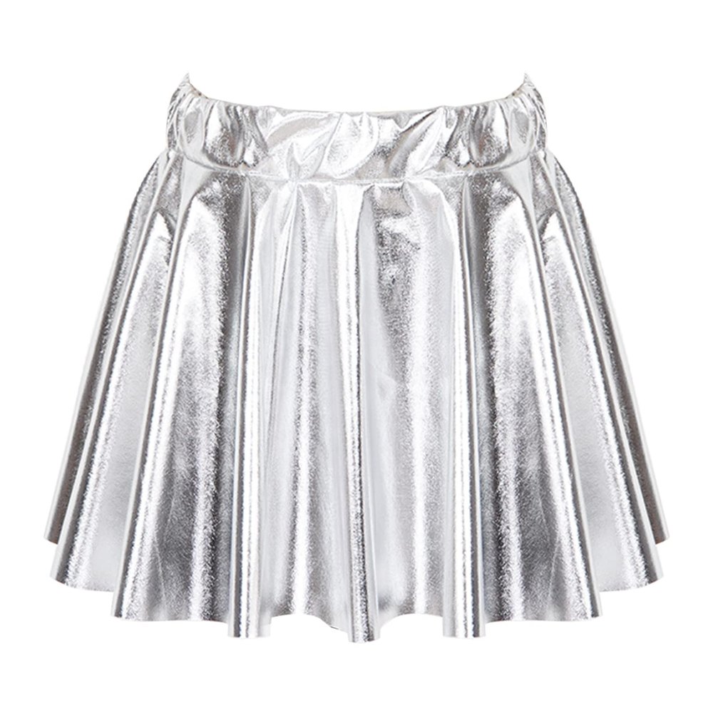 FEESHOW Kids Girl's Shinny Metallic Skater Skort Ballet Dance Athletic Mini Skirt Dancewear Cheerleading Costumes Silver 1 15-16 Years