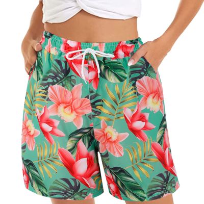 QWENTMTNTY Women's Summer Casual Shorts Drawstring Elastic Waist Beach Shorts Floral Print Fashion Short Pants with Pockets Red