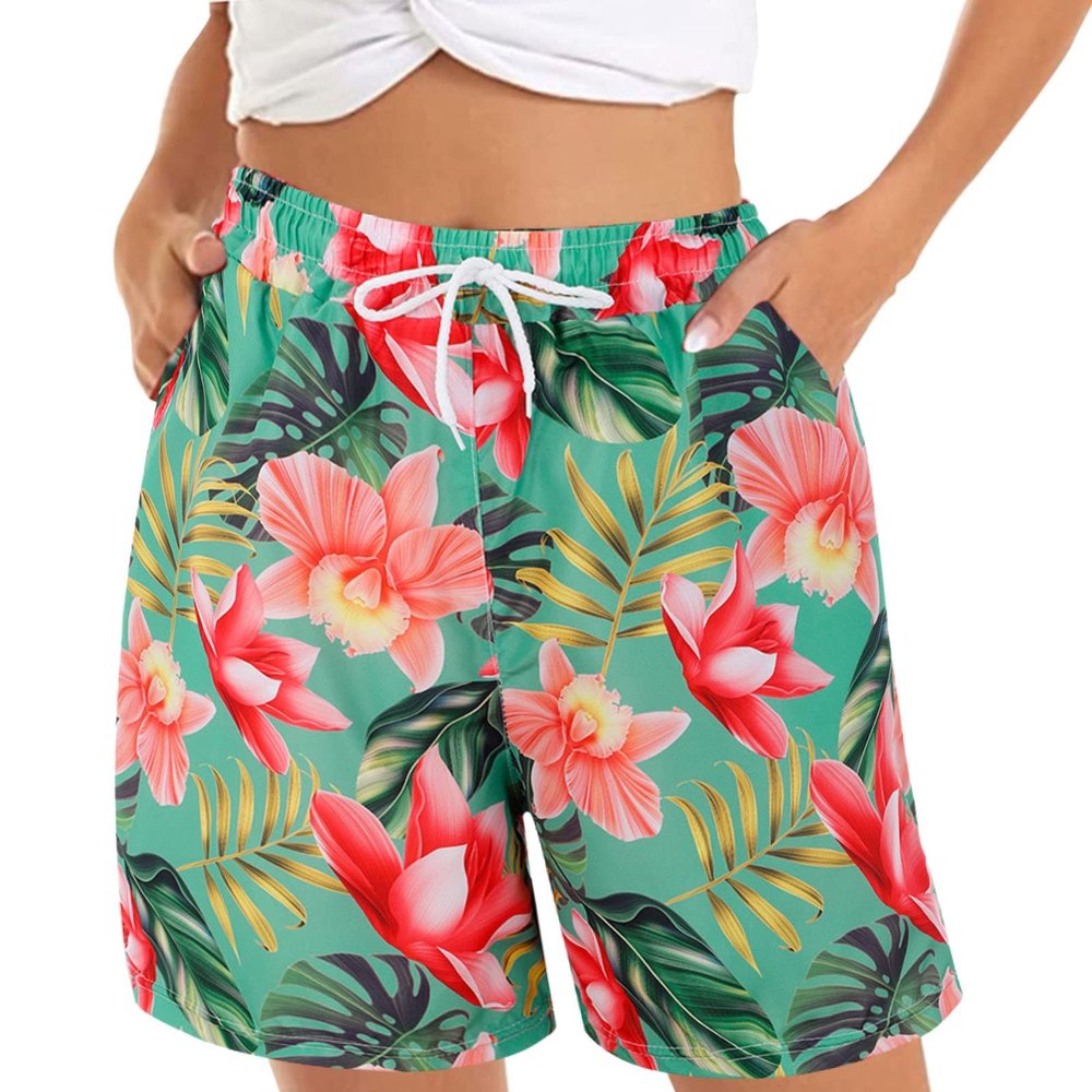 QWENTMTNTY Women's Summer Casual Shorts Drawstring Elastic Waist Beach Shorts Floral Print Fashion Short Pants with Pockets Red