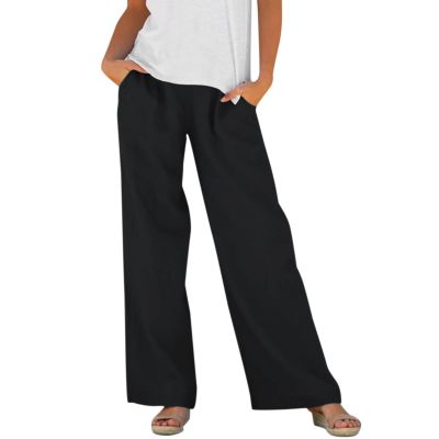 QWENTMTNTY Women Drawstring Pants Cotton Linen Wide Leg Palazzo Pants Elastic Waist Loose Comfy Oceanside Yoga Pants Trousers Black