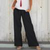 QWENTMTNTY Women Drawstring Pants Cotton Linen Wide Leg Palazzo Pants Elastic Waist Loose Comfy Oceanside Yoga Pants Trousers Black view 2