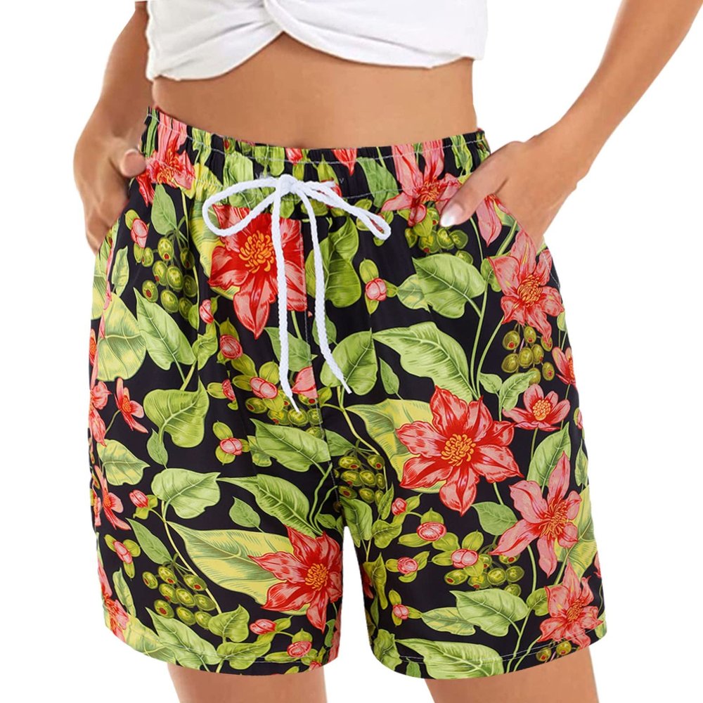 QWENTMTNTY Women's Summer Casual Shorts Drawstring Elastic Waist Beach Shorts Floral Print Fashion Short Pants with Pockets Green