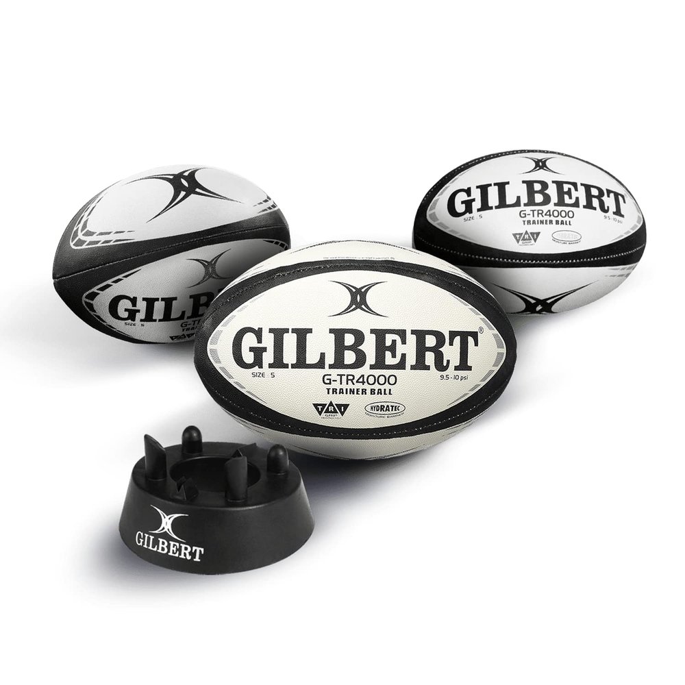 Gilbert G-TR4000 Black Rugby Training Ball Size 5 Set of 3 + Kicking Tee