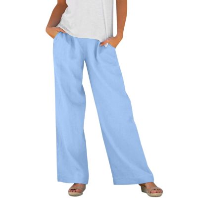 QWENTMTNTY Women Drawstring Pants Cotton Linen Wide Leg Palazzo Pants Elastic Waist Loose Comfy Oceanside Yoga Pants Trousers Blue