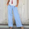 QWENTMTNTY Women Drawstring Pants Cotton Linen Wide Leg Palazzo Pants Elastic Waist Loose Comfy Oceanside Yoga Pants Trousers Blue view 2